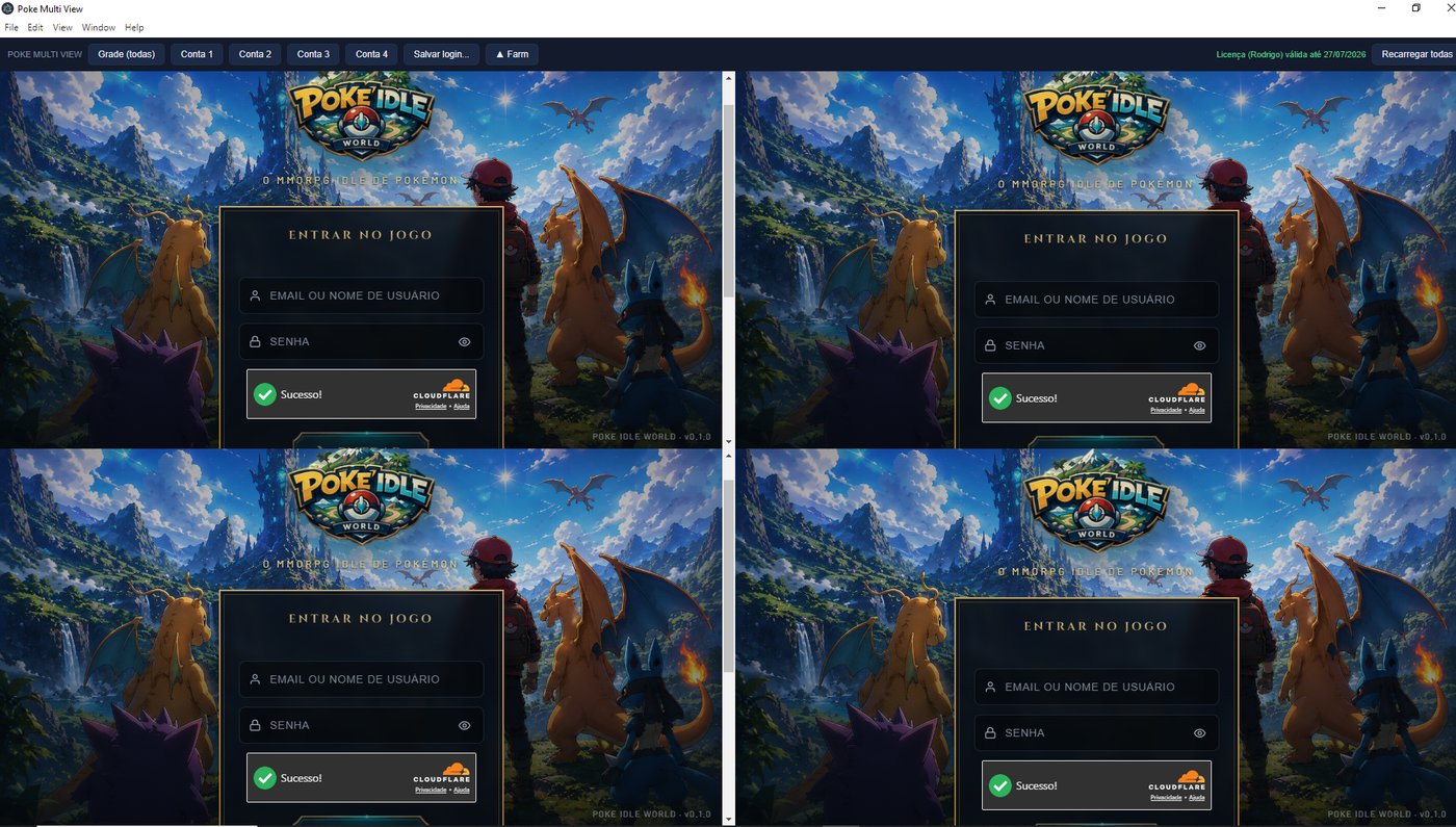 4 contas do Poke Idle World abertas ao mesmo tempo, lado a lado, dentro do Poke Multi View